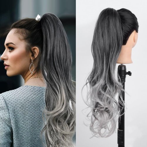 ZIRANJUAN Ponytail Hair Extension Claw Clip in Ponytail and Drawstring Ponytail Extension 20inch Long Curly Wavy PonytailCli on Pony Tails Hairpiece for Women Dark Grey