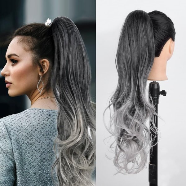 ZIRANJUAN Ponytail Hair Extension Claw Clip in Ponytail and Drawstring Ponytail Extension 20inch Long Curly Wavy PonytailCli on Pony Tails Hairpiece for Women Dark Grey