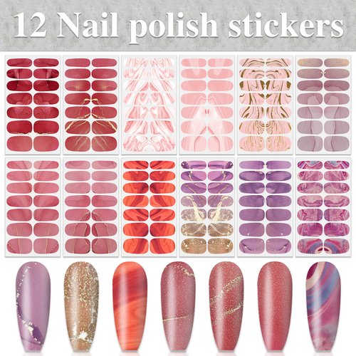 WOKOTO 12 Sheets Red Pink Color Gel Nail Polish Strips Gradient Nail Stickers Full Nail Wraps with Nail File Stick On Nails Gel Stickers Wraps for Nail Art Wraps Nail Polish Stickers for Women