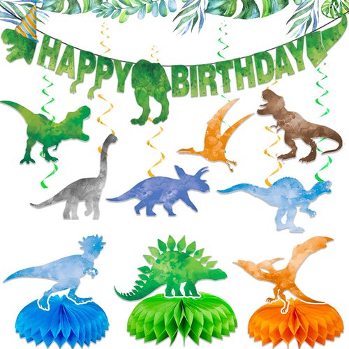 10pcs Dinosaur Party Supplies Birthday Party Decorations, Dinosaur Party Decorations Includes Banner, Dinosaur Hanging Swirl, Honeycomb Centerpiece for Boys Kids Watercolor Dinosaur Watercolor