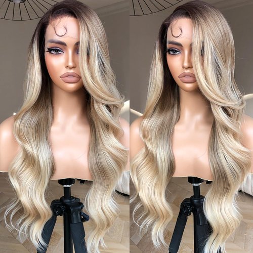 BrownBomb Body Wave Lace Front Wig, Synthetic Lace Front Wig Pre Plucked Glueless Wigs 13X5X1 HD Lace Front Wigs for Women 24inch Side Part Wig (Rooted OmbreBlond, 24)
