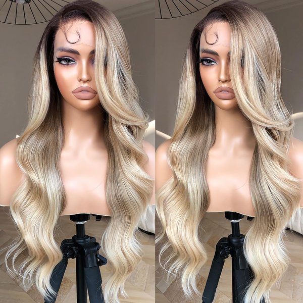 BrownBomb Body Wave Lace Front Wig, Synthetic Lace Front Wig Pre Plucked Glueless Wigs 13X5X1 HD Lace Front Wigs for Women 24inch Side Part Wig (Rooted OmbreBlond, 24)