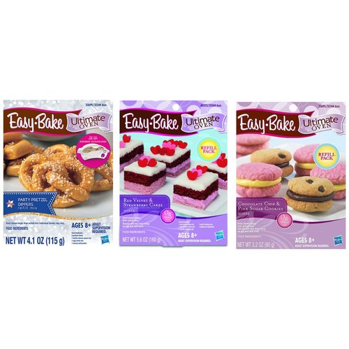 InterC Set of 3 Easy-Bake Oven Mix Refills one Each: Party Pretzel Dippers, Red Velvet and Strawberry Cakes, Chocolate Chip and Sugar Cookies