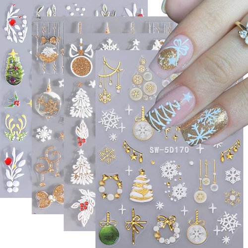 Christmas Nail Stickers, 5D Embossed Snowflake Nail Decals with Rhinestones Snowflake Bell Xmas Tree Winter Nail Design Holiday Nail Art Decoration for Women Girls(4Sheets)