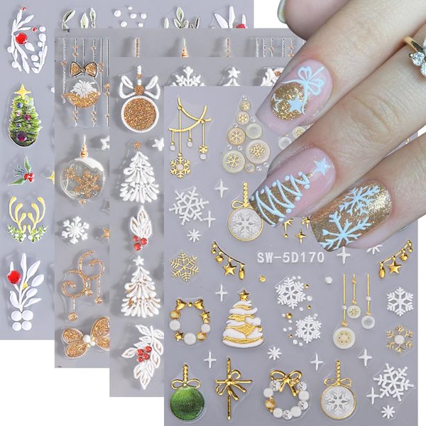 Christmas Nail Stickers, 5D Embossed Snowflake Nail Decals with Rhinestones Snowflake Bell Xmas Tree Winter Nail Design Holiday Nail Art Decoration for Women Girls(4Sheets)