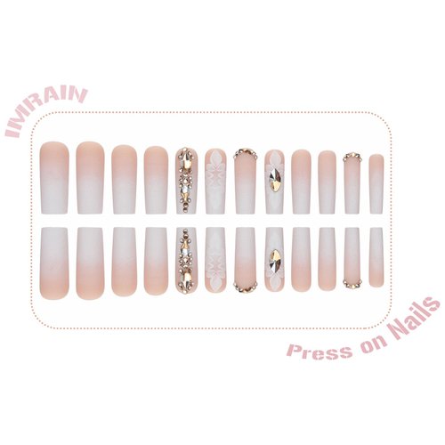 IMRAIN Press on Nails Long Square Gradient Fake Nails Nude White Matte Squoval False Nails with Rhinestone Designs Glue on Nails Full Cover Acrylic Gel Nail Kit Manicure Decoration