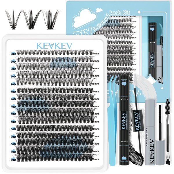 KevKev Lash Extension Kit 300Pcs Lash Clusters Kit DIY Eyelash Extension Kit with Lash Bond and Seal Eyelash Remover Lash Applicator Wispy Lashes Look Like Extensions(20D+40D+50D, D-10-18mix)