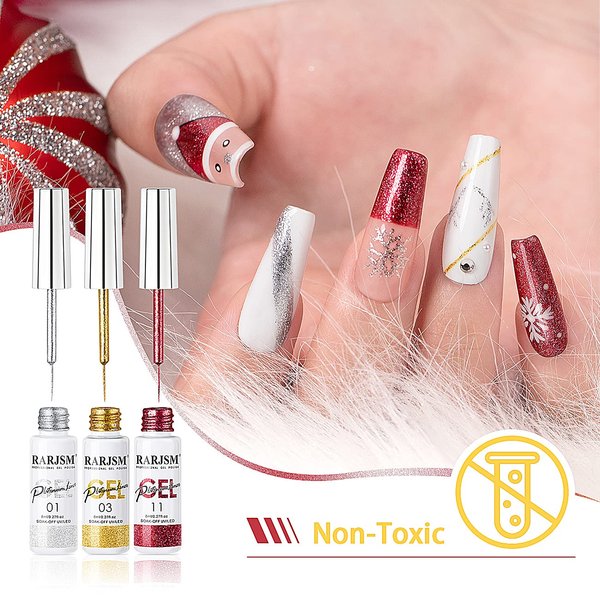 Painted Gel Nail Polish Set, Nail Art Gel Metallic Liner Painting Polish Set UV LED Gel 12 Colors Platinum Liner Gel Champagne Glitter Silver Rosa Gold Green Blue Purple Gel Paint for Nail Art Design