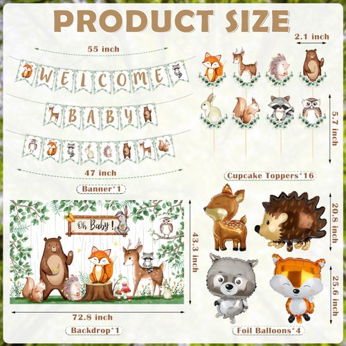 Woodland Animals Baby Shower Decoration Pack Forest Animal Neutral Gender Reveal Party Supplies Woodland Themed Birthday Party Ideas Set 106 Pcs Backdrop, Tablecloth, Cake Toppers, Balloons (Woodland