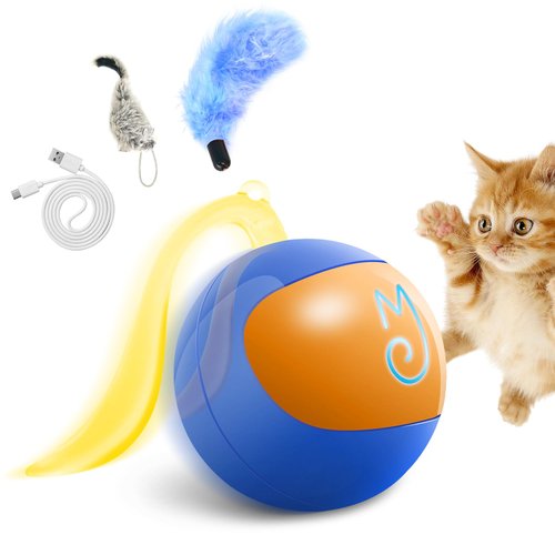 Migipaws Interactive Cat Ball Toy Set, Fun Tracker, Automatic Rolling Chase Ball with Fluffy Tail, A Small Mice, Rechargeable（Blue）