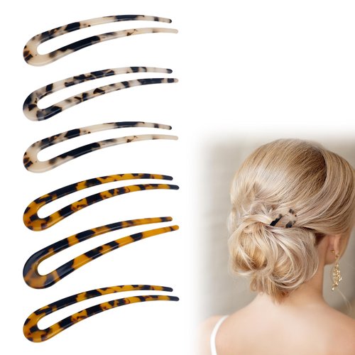 6 PCS French Two Prongs Hair Pins, French U-shaped Hairpin with Two Prongs, Tortoise Shell U Sticks Chignon Pin, Women Vintage Hairstyle Accessories for Women Girls Hairstyles