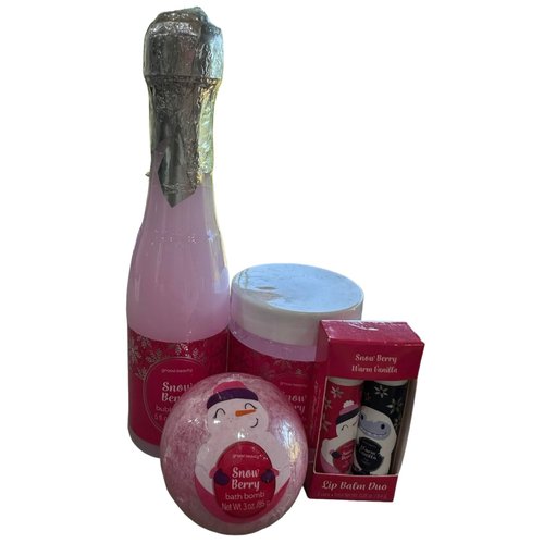 Generic Groovy 4 Piece Bath & Body Self Care Pack in Snow Berry Includes Bubble Bath, Body Scrub, Lip Balm Duo, Bath Bomb