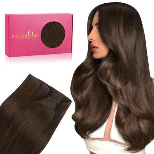 WENNALIFE Genius New Weft Hair Extensions Real Human Hair, 18" 50g Chocolate Brown Sew in Hair Extensions Natural Luxury Remy Human Hair Extensions for Women Straight Invisible Extensiones de Cabello
