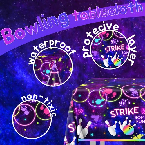 Peghoqu Bowling Birthday Supplies Tablecloth 3Pcs Let's Strike Up Some Fun Bowling Party Decorations Rainbow Neon Glow Girls Birthday Party Favors Disposable Plastic Table Cover