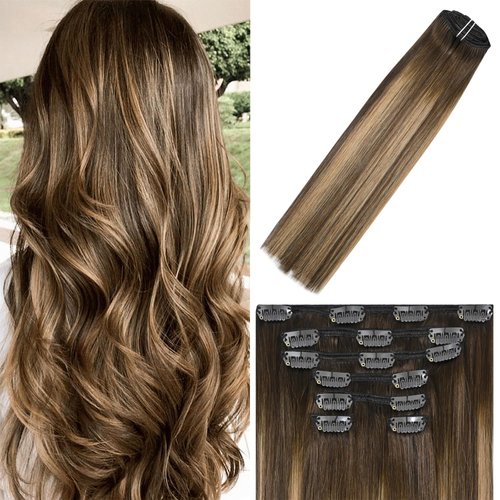 WindTouch Clip in Hair Extensions Human Hair Chocolate Brown To Dark Blonde Ombre Highlights for Brown Hair 15Inch 70g #4T27P4 Remy Hair 7PCS