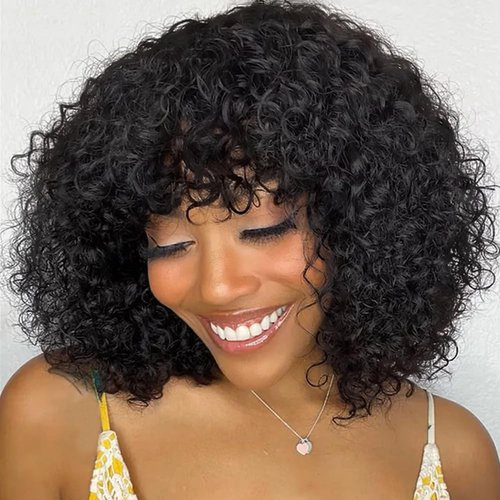 Queenset Short Curly Human Hair Wigs with Bangs Glueless Wigs for Black Women Human Hair Wear and Go Brazilian Deep Wave Curly Wigs with Bangs None Lace Front Wigs Human Hair Natural Black Color