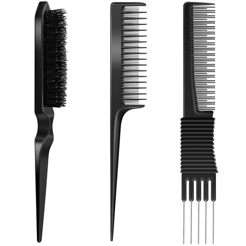 3 Pieces Pick Teasing Combs Hair Brush Set Includes Black Carbon Lift Teasing Combs with Metal Prong, Triple Pin Rat Tail Comb, Nylon Bristle Hair Comb Brush for Women (Black)