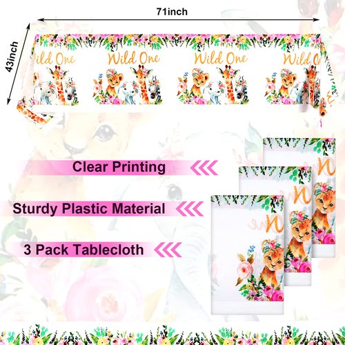 Breling Wild One Tablecloth, 3 Pack, 43 x 71 Inch, Animal Safari, Jungle Theme Birthday, Baby Shower Party Supplies, Disposable, Polyethylene (PE)