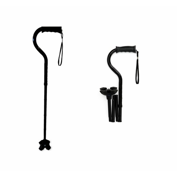 Medline Offset Folding Cane, 4-Point Base With Cushioned Gel Handle, Supports Up To 350 Lbs, Black