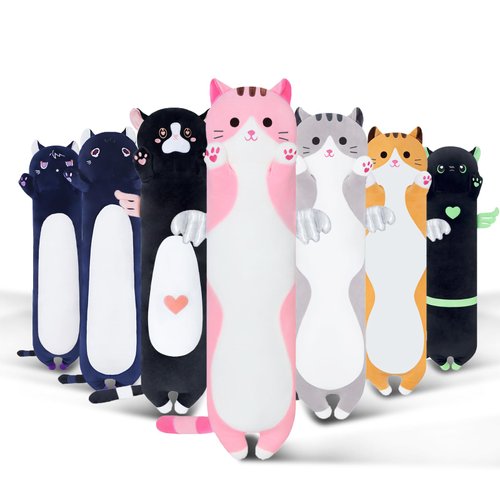 Sausudols Long Cat Plush Body Pillow, Cute Cat Plush Toy Pillows with Wings, Stuffed Animals Kitten Soft Plushies Gifts for Kids Girls Girlfriend(Pink, 19.6in/50cm)