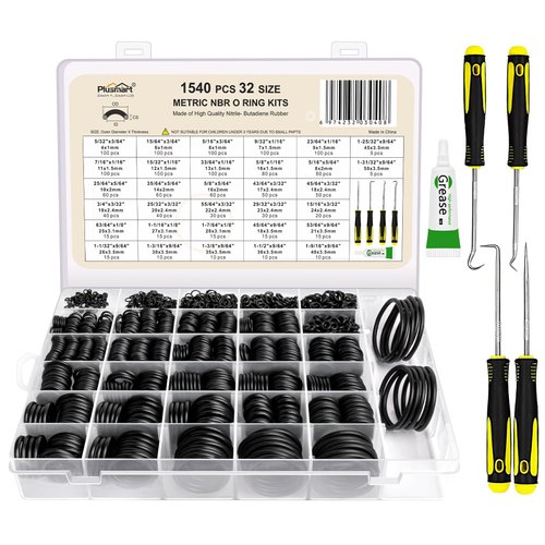 O Ring Kit, 1540 Pcs Rubber O-Ring Assortment Kit, Plusmart 32 Sizes Washer Gasket Set for Pressure Washer, Plumbing Sealing Repair, Air or Gas Connections, Resist Oil and Heat, 4 Tools & 1 Lube Paste