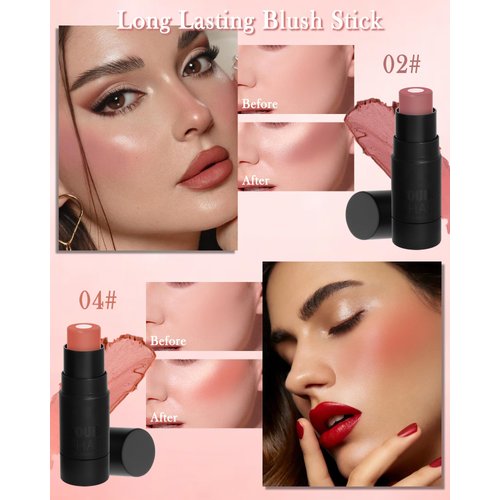 Cream Blush Stick for Cheeks-2Pcs Multi-Use Sandwich Makeup Blush Stick for Eyes Lips Face,Longlasting Tinted Solid Moisturizer Matte Blush, Natural Glow Blendable Smooth Blusher with Brush-02+04