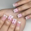 24Pcs Bows Press on Nails Short Square Fake Nails White French Tip False Nails with Pink Bow Charms Stick on Nails Glossy Nude Pink Full Cover Glue on Nails for Women Acrylic Manicure Decoration