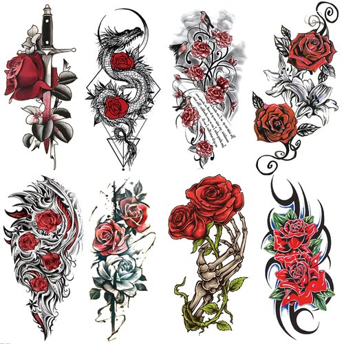 Oottati 8 Sheets Waterproof Arm Temporary Tattoo Stickers Red Rose Flower Black Skull Dragon Sword Totem