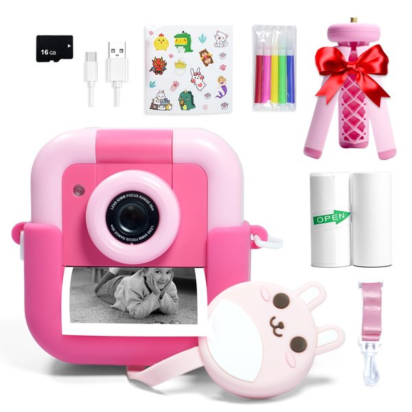 PrizedHome Upgrade Instant Print Camera for Kids, Portable Digital Selfie Camera with Tripod,16G Card,1080P HD Recording, Scavenger Hunt & Ebook, Birthday Gifts for Girls Age for 4-12 Year Old (Pink)