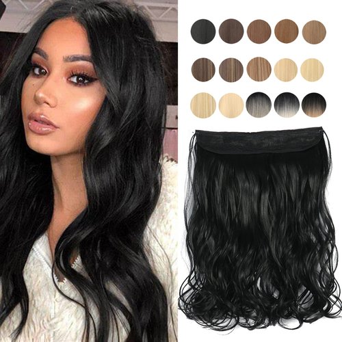 Inscca Halo Hair Extensions Black Brunette Invisible Wire in Extension Fake Hair 16" Short Wavy Curly Hair Piece for Women Transparent Adjustable Line