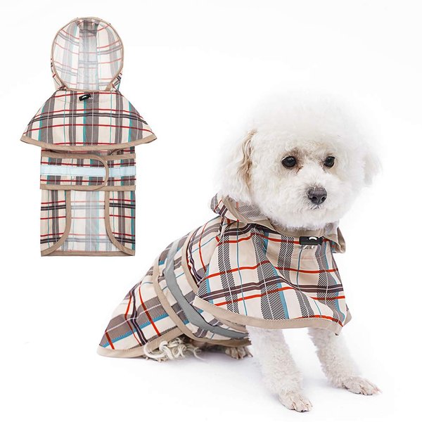 KOOLTAIL Dog Raincoat Hooded Slicker Poncho with Leash Hole, Dog Raincoat for Small Medium Dogs, Waterproof Dog Rain Jacket with Reflective Strip, Adjustable Breathable Plaid Puppy Rainwear-Beige