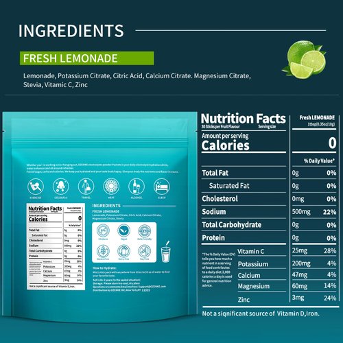 OZENKE Electrolytes Powder Packets,30 Sticks Hydration Packets Sugar Free, Electrolyte Drink Mix Portable Electrolyte Packets for Rapid Hydration, 0 Sugar & 0 Calorie, Lemonade Flavor