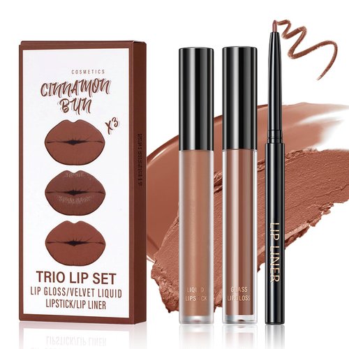 LZXLUKGIR Brown Lip Gloss Lip Liner and Lipstick Combo,3 in 1 Non-Stick Cup Brown Lip Stain Long Lasting Waterproof Liquid Lipstick,Moisturizing Lip Kit for Women（Whiskey Honey）