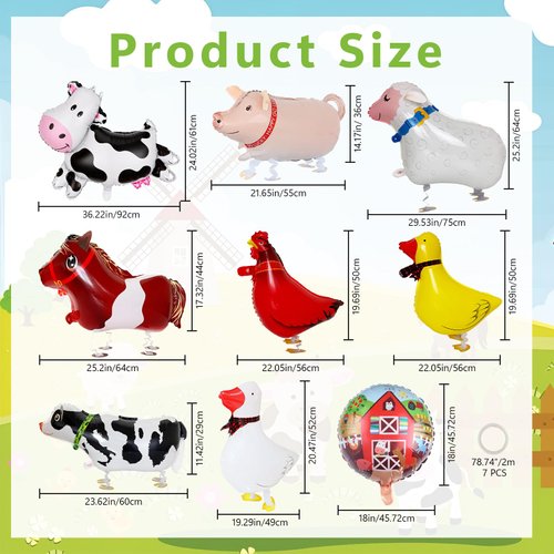 10 PCS Farm Animals Balloons, KUAOOAUK Foil Walking Animal Balloons with 7 PC Towing Ropes, Inflatable Farm Birthday Decorations for Theme Baby Shower Party Supplies (Horse Duck Pig Rooster Cow Sheep)