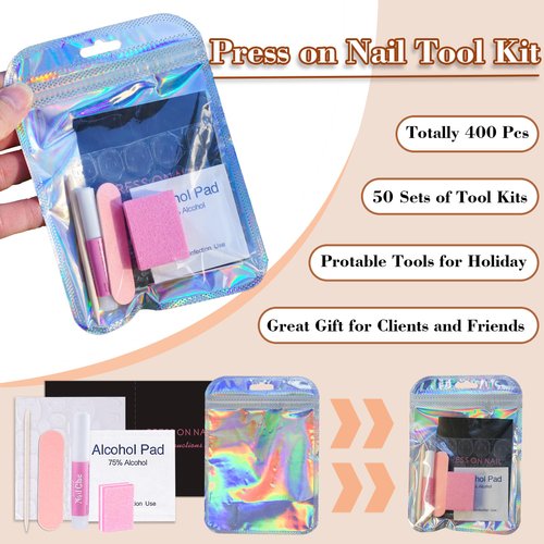 50 Set Press On Nail Tool Prep Kit for Nail Salon Business, Disposable Manicure Kit, Nail File, Buffer, Nail Glue, Prep Pad, Instruction Card, Adhesive Nail Tabs, Wood Stick, Packaging Bag (B-purple)