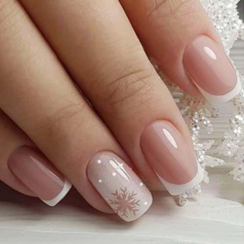 YOSOMMK French Tip Press on Nails Short Square Fake Nails with Snowflake Designs Nude Glossy Glue on Nails Christmas Acrylic Full Cover False Nails for Women and Girls