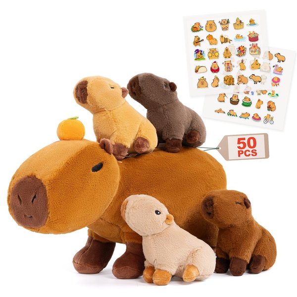 OUOZZZ Capybara Stuffed Animals with Babies Inside 14.5" Capybara Plush Toys with 4 Babies Capybara with Tangerine in Hot Spring - Gift Present Toys for Girls Boys Kids Toddler