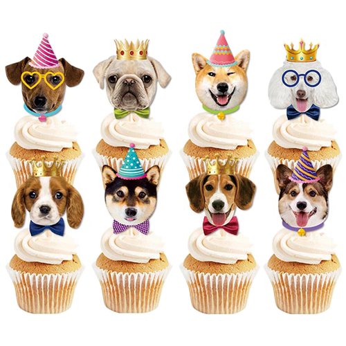 TSJ 24PCS Dog Cupcake Toppers, Dogs Face Cake Toppers, Puppy Pet Theme Birthday Party Decorations Supplies for Kids