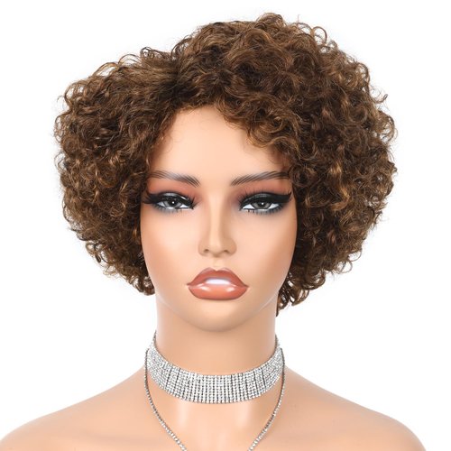 WIGER Glueless Side Part Kinky Curly Human Hair Wig Ombre Brown Short Curly Human Hair Wigs for Black Women Highlighted Natural Hairline Pixie Curly Bob Wig None Lace Frontal Deep Curly Hair