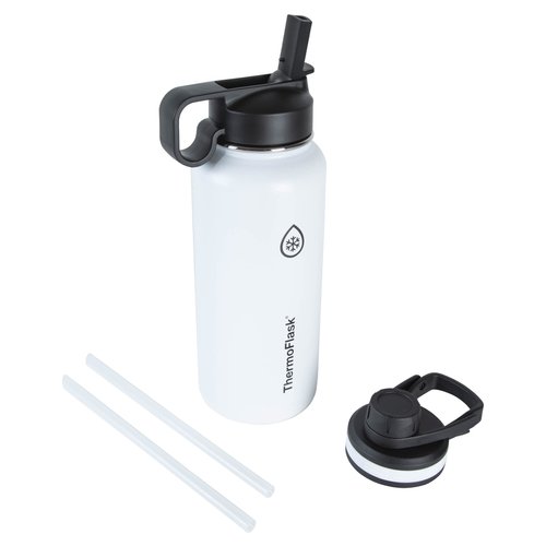 ThermoFlask 32 oz Double Wall Vacuum Insulated Stainless Steel Water Bottle with Spout and Straw Lids, White