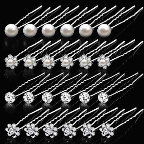 MTLEE 40 Pcs Pearl Hair Pins Wedding Bridal Rhinestone Pins Flower Hairpins U Shaped Pearl Bobby Pins for Bride Bridesmaid