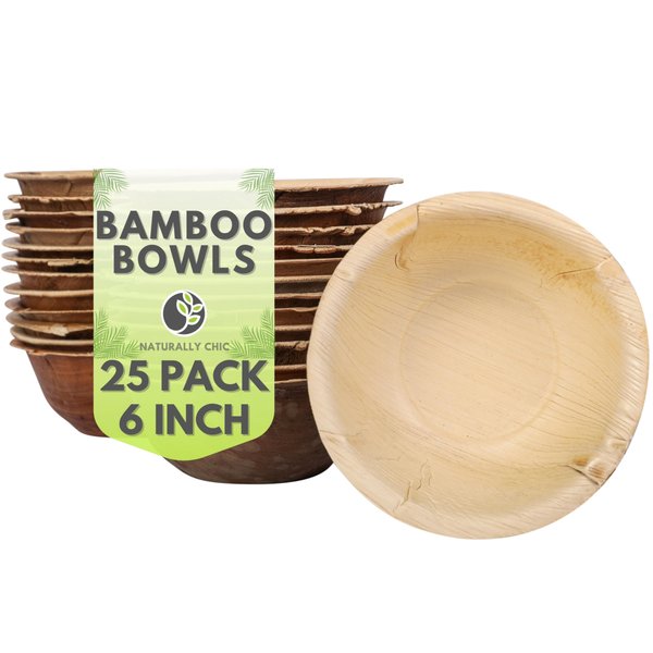 Naturally Chic Palm Leaf Bowls - 6 Inch Round - Bamboo Like, Eco Friendly, Disposable, Compostable and Biodegradable Bowls for Catering, Weddings and Parties