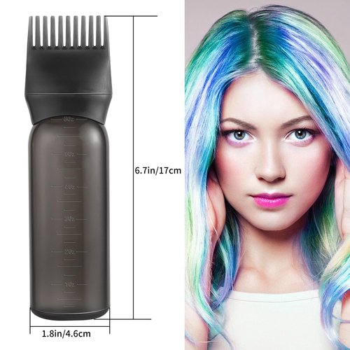 Pimoys 2 Pack Root Comb Applicator Bottle 6 Ounce Oil Applicator for Hair Dye, Black Hair Oiling Bottle Applicator Brush with Graduated Scale