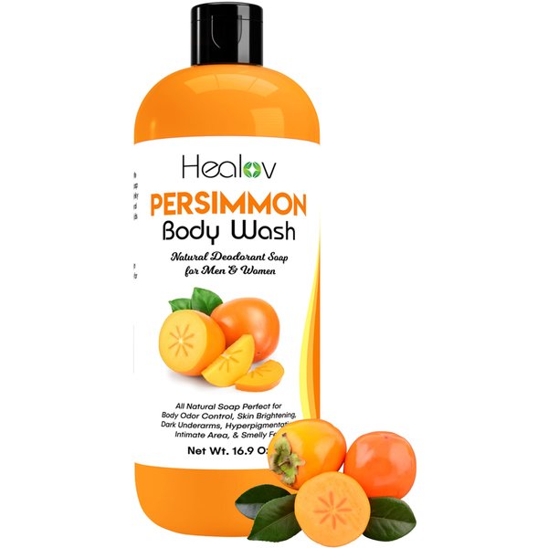 Persimmon Body Wash for Body Odor Control – Purifying Deodorizing Soap for Eliminating Nonenal Body Odor – Underarms, Intimate Inner Thigh, Bikini Area, Smelly Feet – Natural Deodorant Soap, Kids Safe