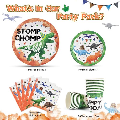 Watercolor Dinosaur Party Supplies - Disposable Dinosaur Party Tableware for Kids Boys Birthday Includes Luncheon Dinner Dessert Plates Napkins Paper Cups Serves 16 Guests 64 PCS