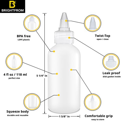 BRIGHTFROM Twist Top Applicator Bottles, Squeeze 4 OZ Empty Plastic Bottles, Refillable, Clear Open/Close Nozzle - Multi Purpose (Pack of 2)