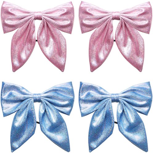 YIERSO 4 Packs Shiny Hair Bows, Bling Jumbo 5"Cute Soft Cheer Bow Elastic Band Hair Bows with Ponytail Holder, Handmade Hair Ties Hair Accessories for Teen Toddler Girls Daily Holiday Gift (Blue+Pink)