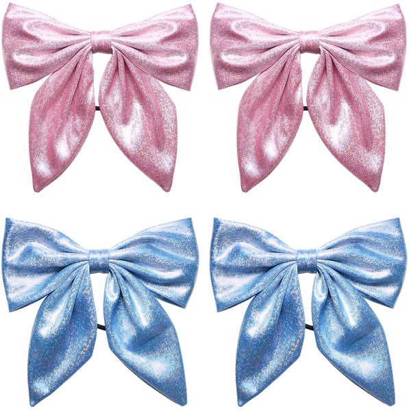 YIERSO 4 Packs Shiny Hair Bows, Bling Jumbo 5"Cute Soft Cheer Bow Elastic Band Hair Bows with Ponytail Holder, Handmade Hair Ties Hair Accessories for Teen Toddler Girls Daily Holiday Gift (Blue+Pink)