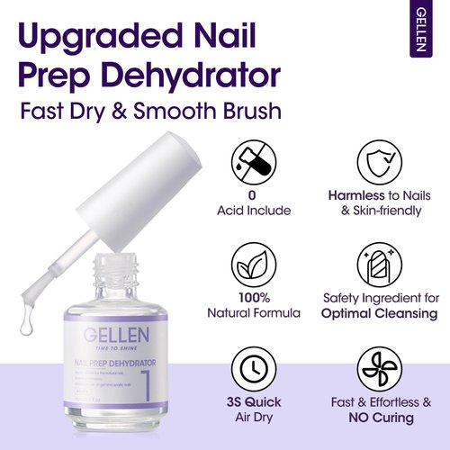 Gellen Nail Dehydrator for Acrylic and Gel Nail Polish Prevent Lifting, 15ml Acid-Free Nail Prep Dehydrator Base Varnish Manicure Bonder Liquid for UV Gel Supplies Set Home Salon Use