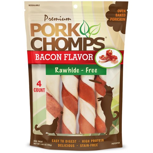 Pork Chomps Baked Pork Skin Dog Chews, 6-inch Twists, Bacon Flavor Wrap, 4 Count